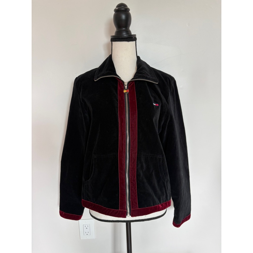 Tommy Jeans Mens Vintage Black Velvet Burgundy Trim Plaid Lined Jacket Medium